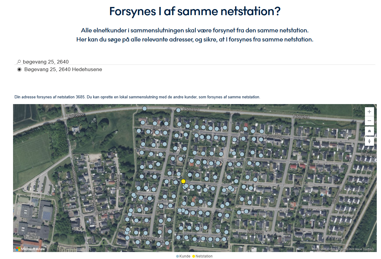 Kort over Fløng med de adresser der forsynes af netstation 3685 markeret